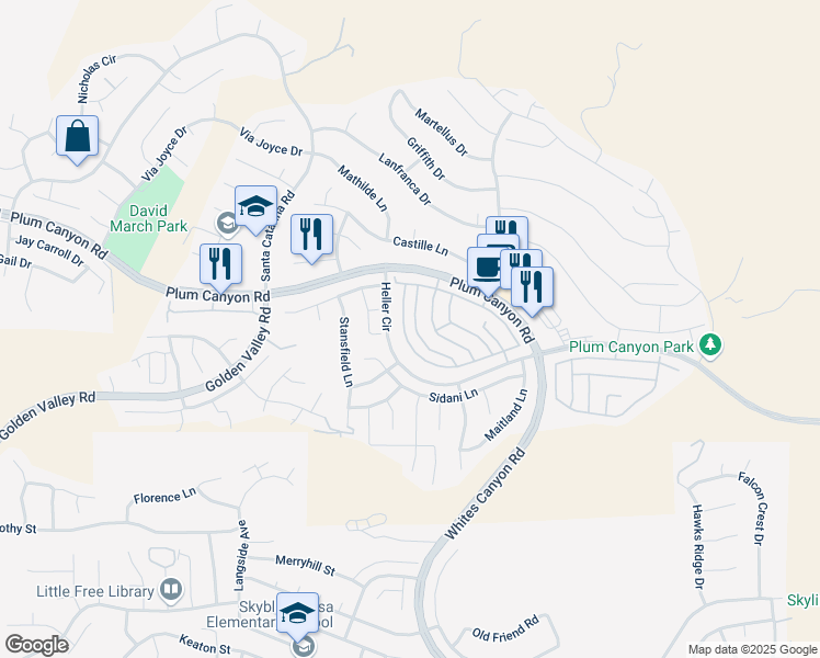 map of restaurants, bars, coffee shops, grocery stores, and more near 19539 Laroda Lane in Santa Clarita