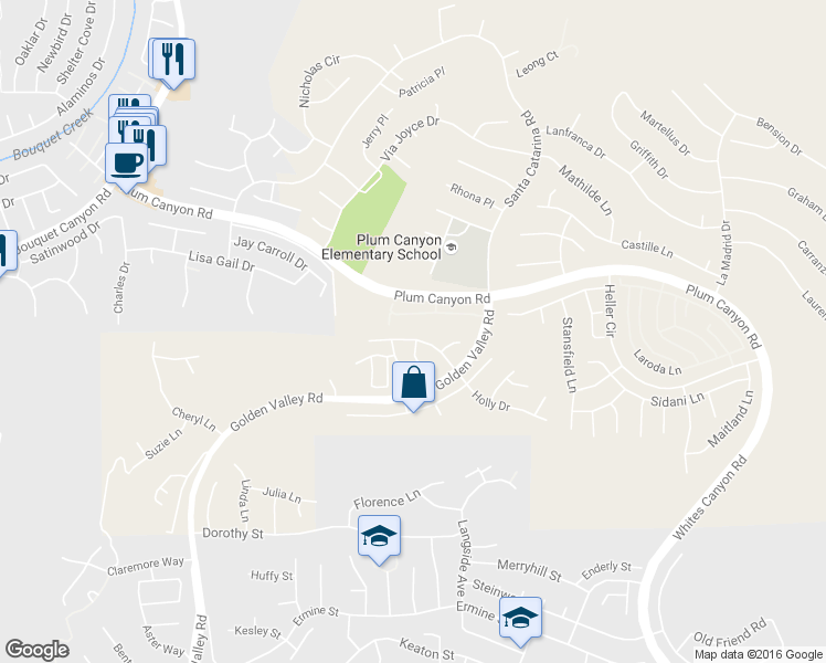 map of restaurants, bars, coffee shops, grocery stores, and more near 20007 Holly Drive in Santa Clarita