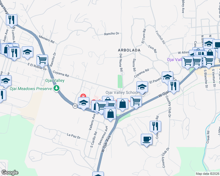 map of restaurants, bars, coffee shops, grocery stores, and more near 1068 Cuyama Road in Ojai