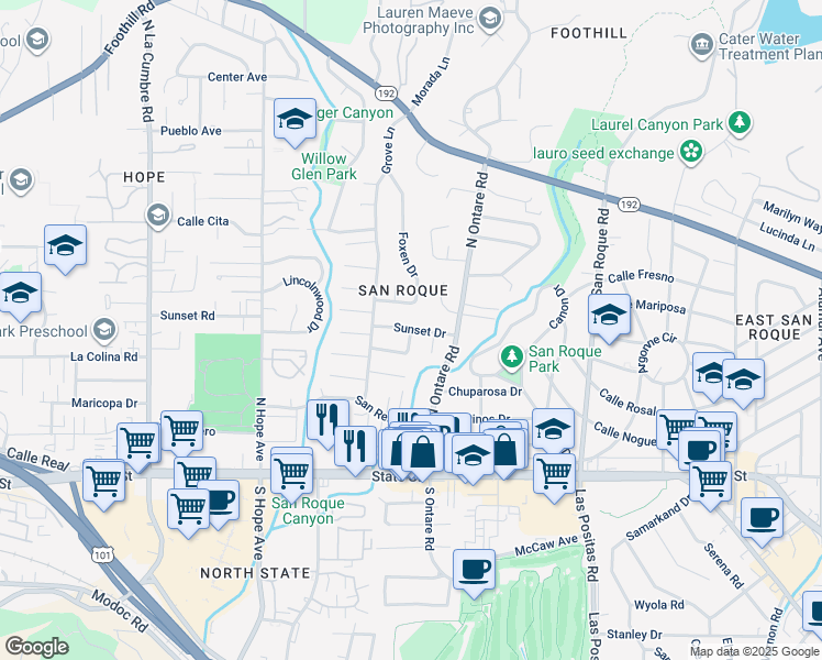 map of restaurants, bars, coffee shops, grocery stores, and more near Sunset Drive in Santa Barbara