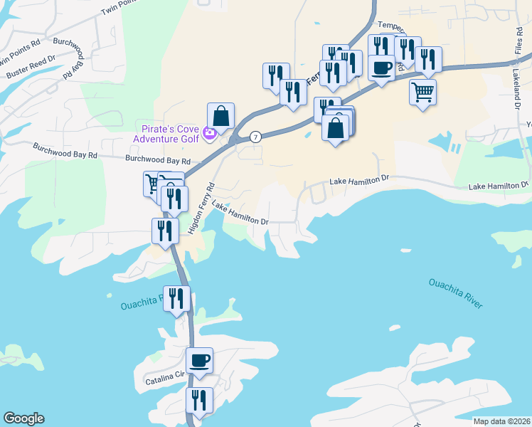 map of restaurants, bars, coffee shops, grocery stores, and more near 189 Lake Hamilton Drive in Hot Springs