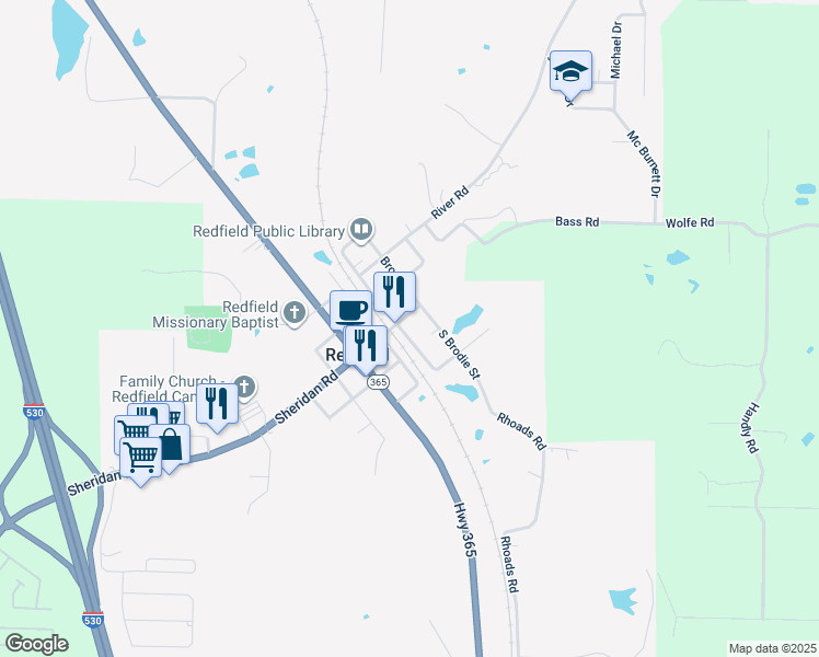 map of restaurants, bars, coffee shops, grocery stores, and more near 201 Southeast Railroad Street in Redfield