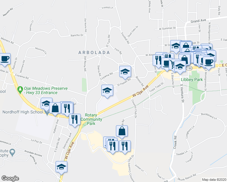 map of restaurants, bars, coffee shops, grocery stores, and more near 703 El Paseo Road in Ojai