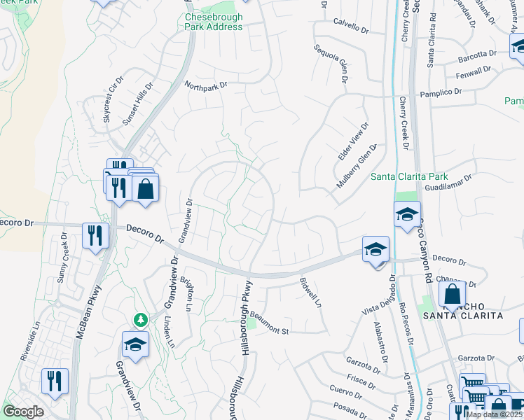 map of restaurants, bars, coffee shops, grocery stores, and more near 27457 Hillcrest Place in Santa Clarita