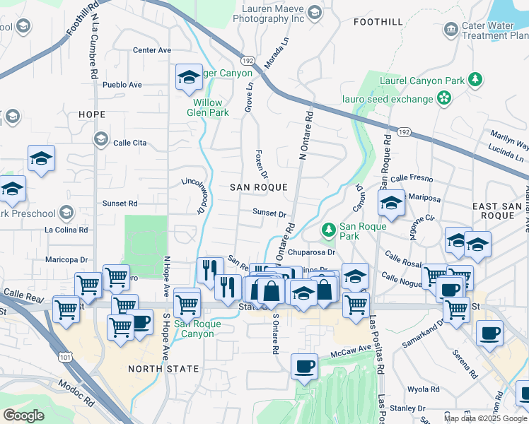map of restaurants, bars, coffee shops, grocery stores, and more near Sunset Drive in Santa Barbara