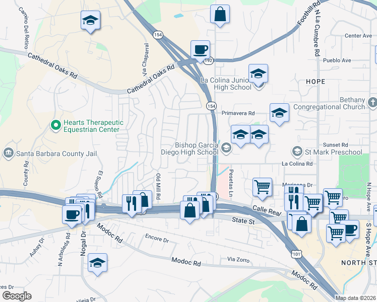 map of restaurants, bars, coffee shops, grocery stores, and more near 340 Rosario Drive in Santa Barbara