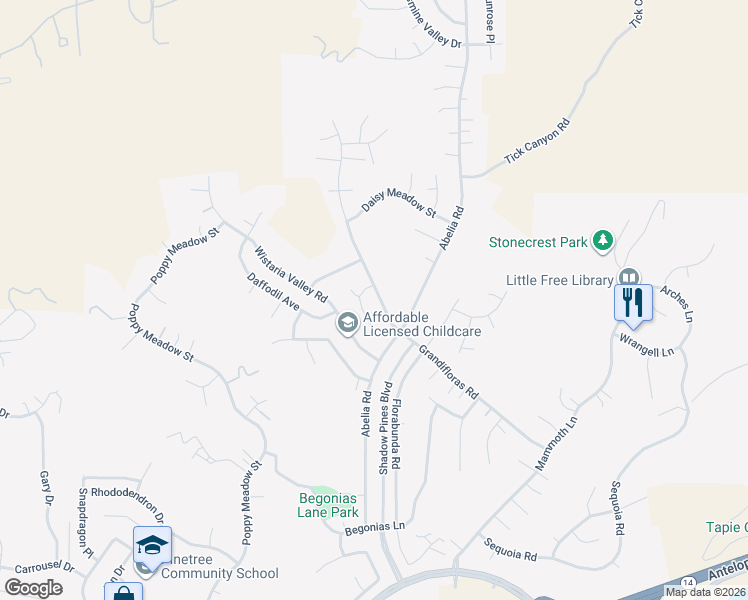 map of restaurants, bars, coffee shops, grocery stores, and more near 29671 Grandifloras Road in Santa Clarita