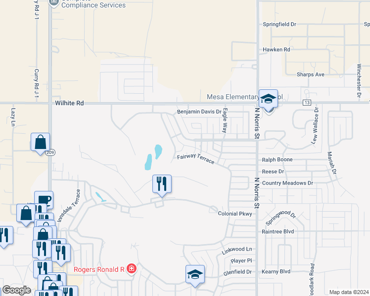 map of restaurants, bars, coffee shops, grocery stores, and more near 2333 Fairway Terrace in Clovis