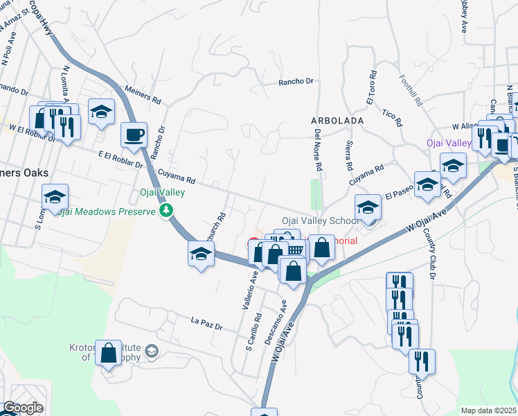 map of restaurants, bars, coffee shops, grocery stores, and more near 410 Church Road in Ojai