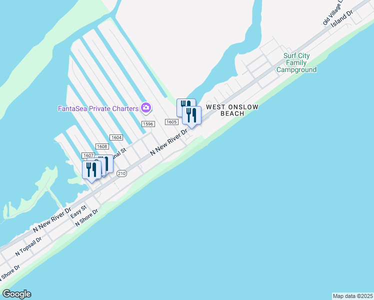 map of restaurants, bars, coffee shops, grocery stores, and more near 2022 North Shore Drive in Surf City
