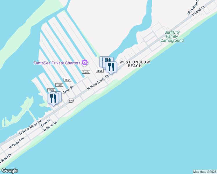 map of restaurants, bars, coffee shops, grocery stores, and more near 2022 North Shore Drive in Surf City
