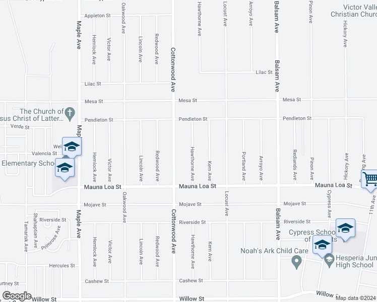 map of restaurants, bars, coffee shops, grocery stores, and more near 10708 Hawthorne Avenue in Hesperia
