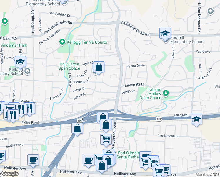 map of restaurants, bars, coffee shops, grocery stores, and more near 5333 Parejo Drive in Santa Barbara