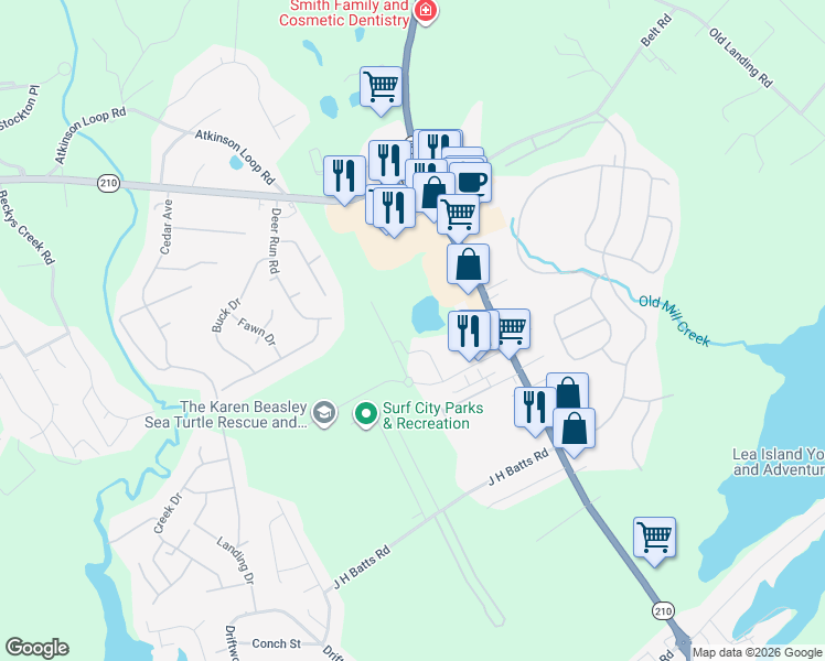 map of restaurants, bars, coffee shops, grocery stores, and more near 13775-200 North Carolina 50 in Holly Ridge