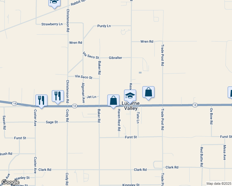 map of restaurants, bars, coffee shops, grocery stores, and more near 31818 California 18 in Lucerne Valley