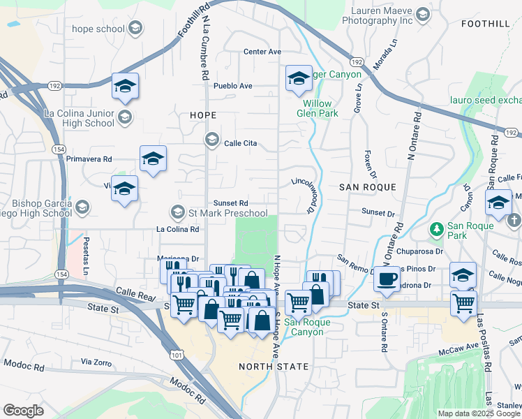 map of restaurants, bars, coffee shops, grocery stores, and more near 3827 Sunset Road in Santa Barbara