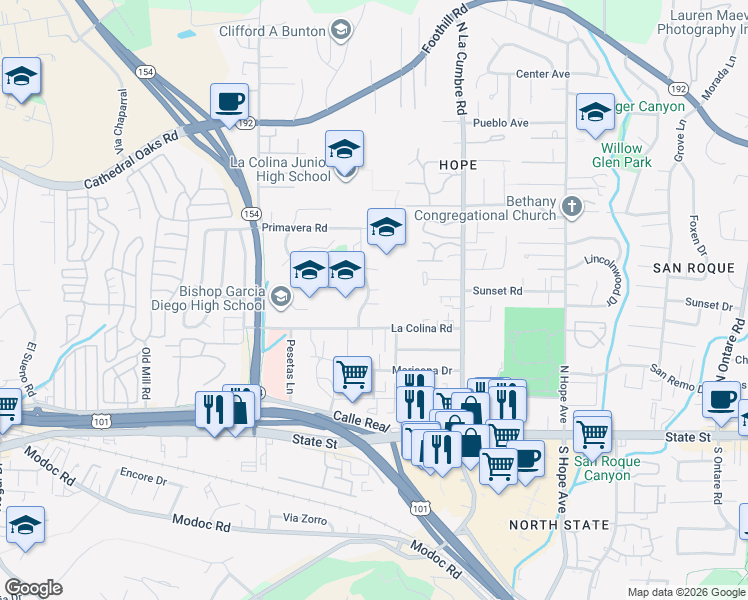 map of restaurants, bars, coffee shops, grocery stores, and more near 3902 Via Diego in Santa Barbara