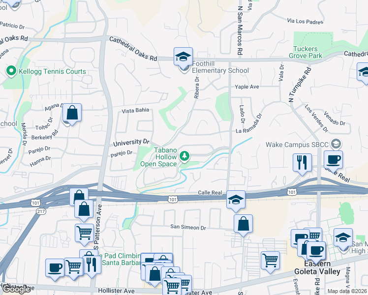 map of restaurants, bars, coffee shops, grocery stores, and more near 5079 University Drive in Santa Barbara