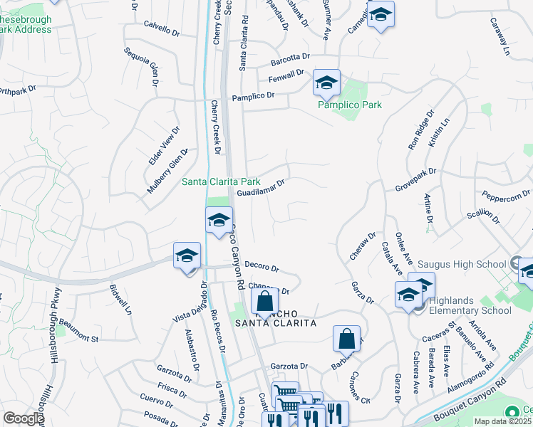 map of restaurants, bars, coffee shops, grocery stores, and more near 22540 Tula Drive in Santa Clarita