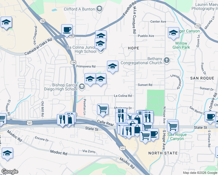 map of restaurants, bars, coffee shops, grocery stores, and more near 3902 Via Diego in Santa Barbara