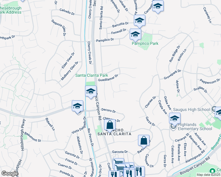 map of restaurants, bars, coffee shops, grocery stores, and more near 22540 Tula Drive in Santa Clarita