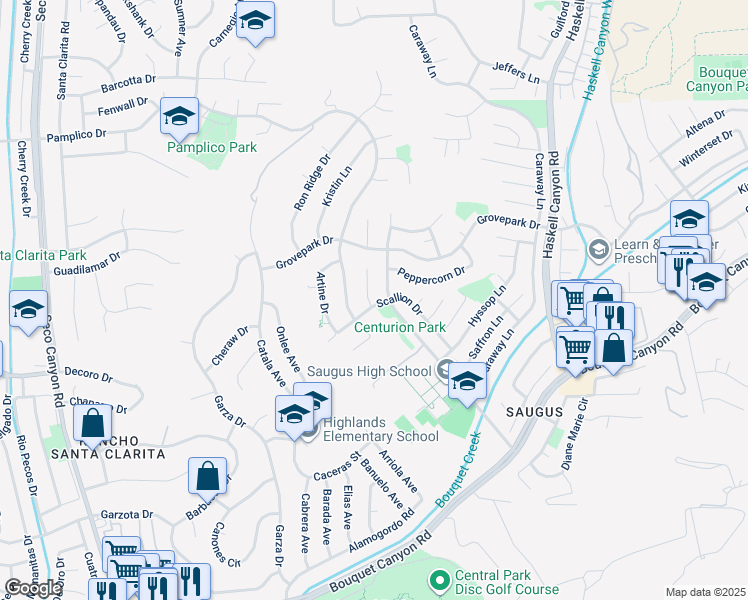 map of restaurants, bars, coffee shops, grocery stores, and more near 27508 Mariam Place in Santa Clarita
