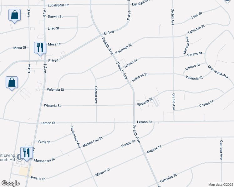map of restaurants, bars, coffee shops, grocery stores, and more near 18135 Valencia Street in Hesperia