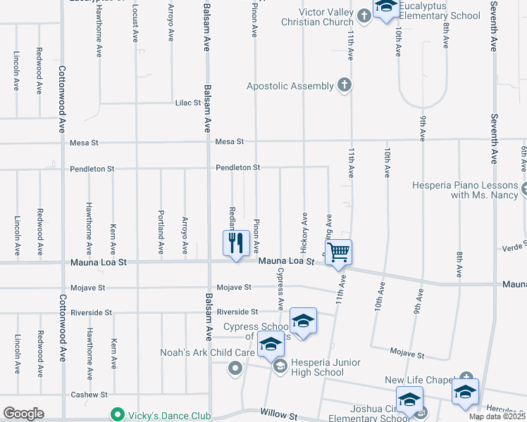 map of restaurants, bars, coffee shops, grocery stores, and more near 10705 Pinon Avenue in Hesperia