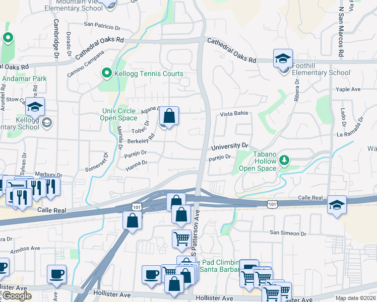 map of restaurants, bars, coffee shops, grocery stores, and more near 5333 Parejo Drive in Santa Barbara