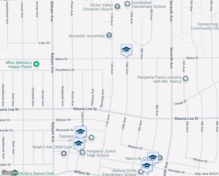 map of restaurants, bars, coffee shops, grocery stores, and more near 11th Avenue in Hesperia