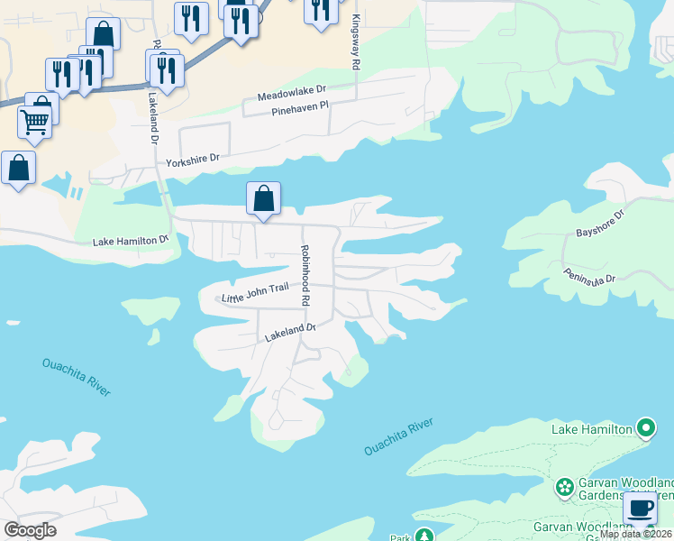map of restaurants, bars, coffee shops, grocery stores, and more near 509 Lakeland Drive in Garland County