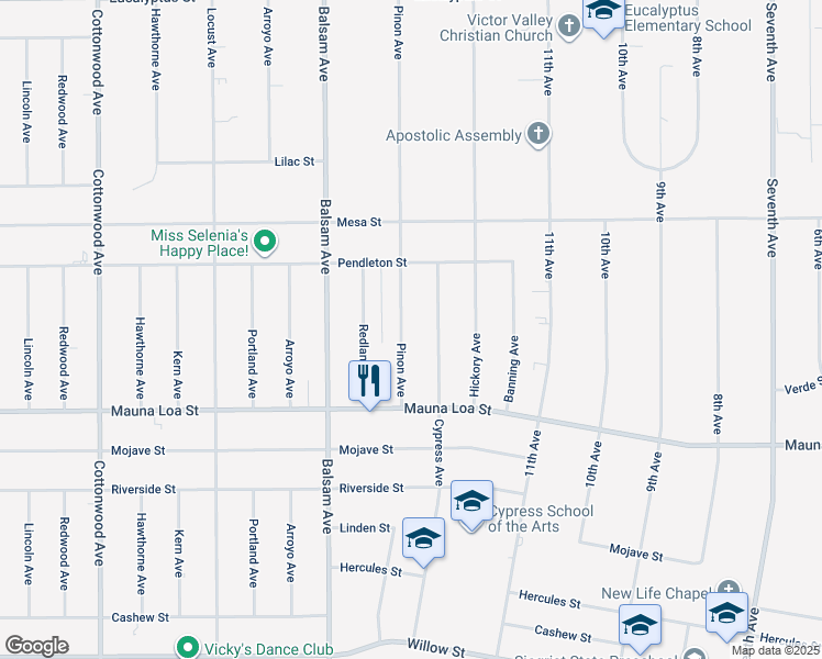map of restaurants, bars, coffee shops, grocery stores, and more near 10705 Pinon Avenue in Hesperia