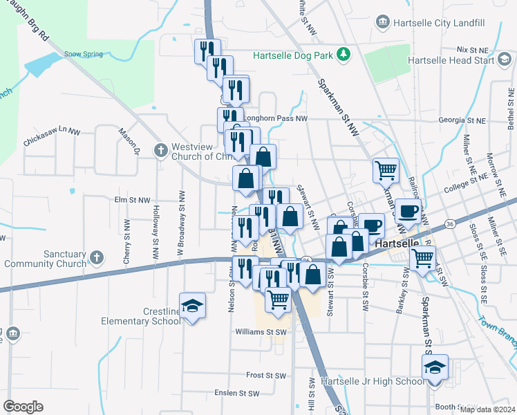 map of restaurants, bars, coffee shops, grocery stores, and more near 501 U.S. 31 in Hartselle