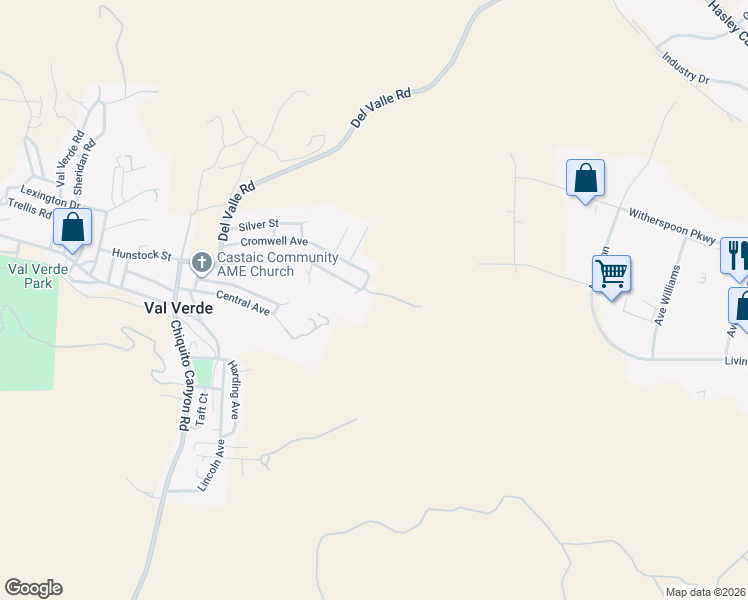 map of restaurants, bars, coffee shops, grocery stores, and more near Hunstock Street in Val Verde
