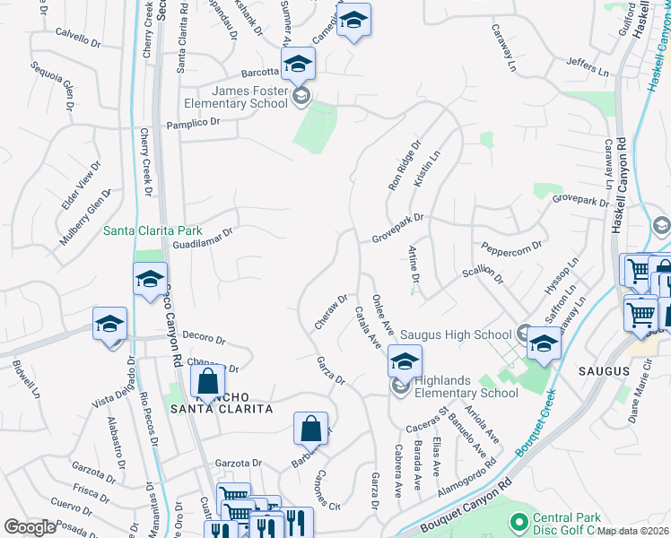 map of restaurants, bars, coffee shops, grocery stores, and more near 27460 Garza Drive in Santa Clarita