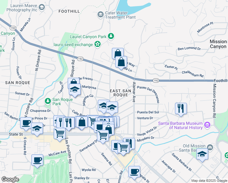 map of restaurants, bars, coffee shops, grocery stores, and more near 236 Vista De La Cumbre in Santa Barbara