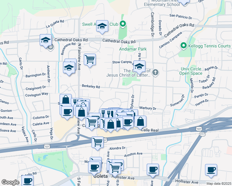 map of restaurants, bars, coffee shops, grocery stores, and more near 416 Wakefield Road in Goleta