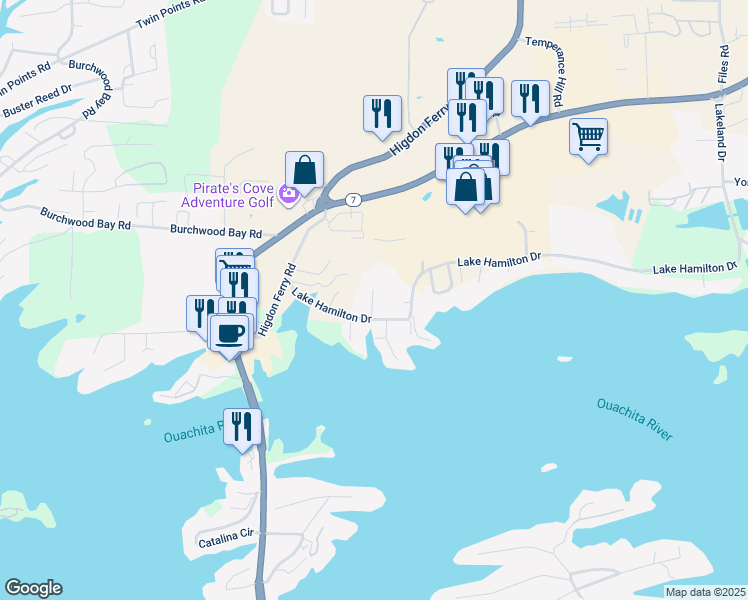 map of restaurants, bars, coffee shops, grocery stores, and more near 151 Lakepointe Cove in Hot Springs