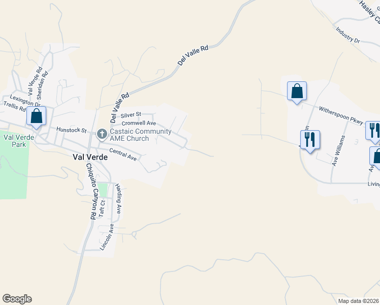 map of restaurants, bars, coffee shops, grocery stores, and more near Hunstock Street in Val Verde