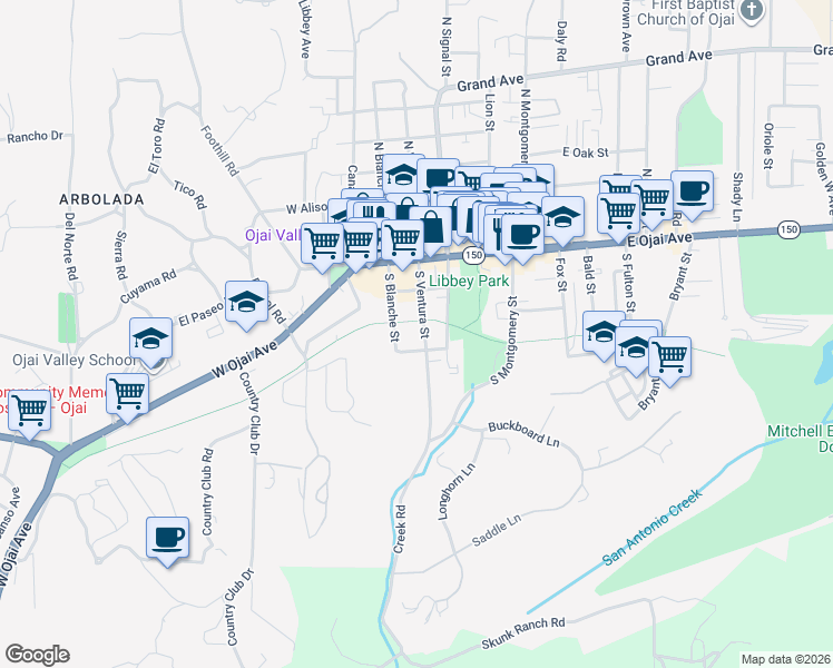 map of restaurants, bars, coffee shops, grocery stores, and more near 305 South Ventura Street in Ojai