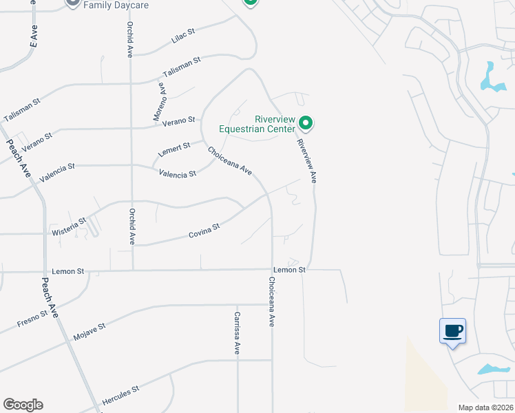 map of restaurants, bars, coffee shops, grocery stores, and more near 18853 Covina Street in Hesperia