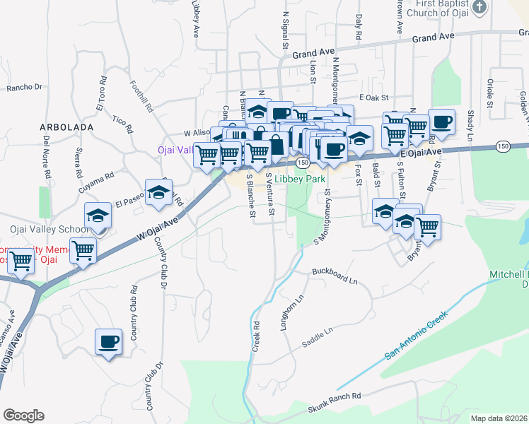 map of restaurants, bars, coffee shops, grocery stores, and more near 305 South Ventura Street in Ojai
