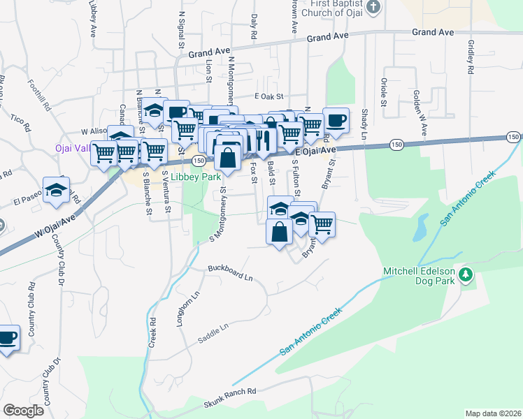 map of restaurants, bars, coffee shops, grocery stores, and more near 312 Fox Street in Ojai