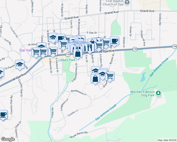 map of restaurants, bars, coffee shops, grocery stores, and more near 312 Fox Street in Ojai