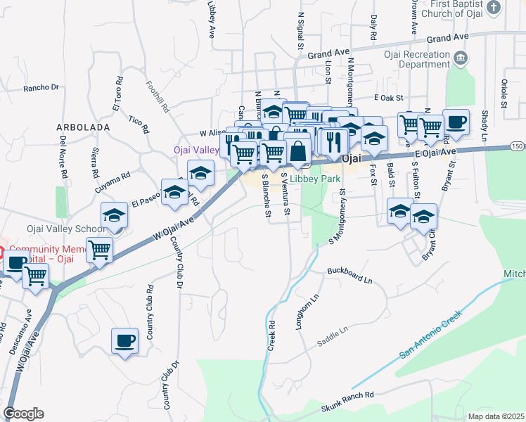 map of restaurants, bars, coffee shops, grocery stores, and more near 211 South Blanche Street in Ojai
