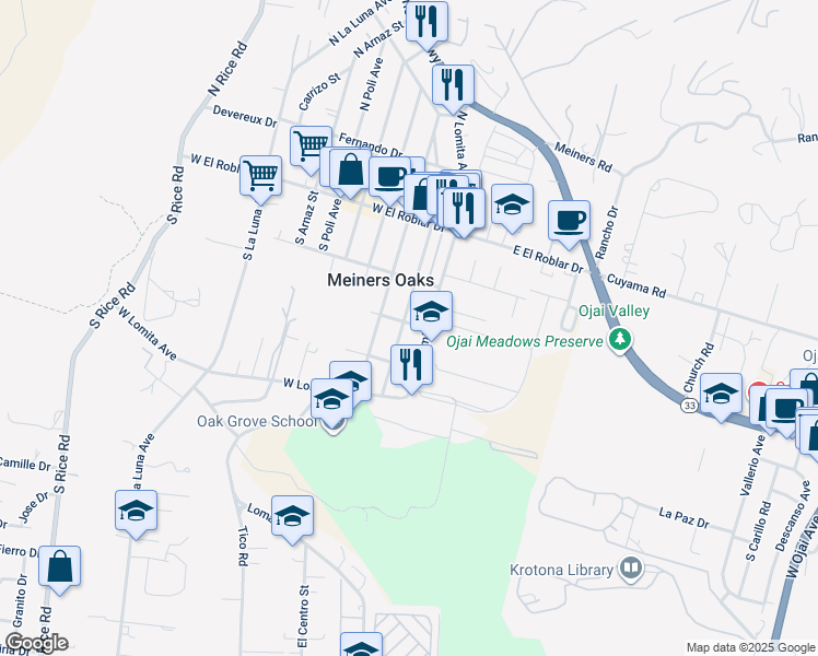 map of restaurants, bars, coffee shops, grocery stores, and more near 300 South Pueblo Avenue in Ojai