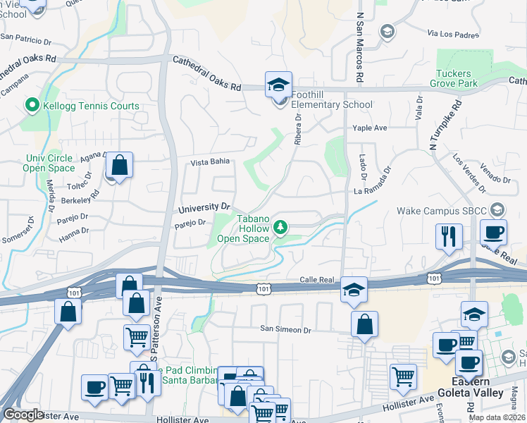map of restaurants, bars, coffee shops, grocery stores, and more near 474 Ribera Drive in Santa Barbara