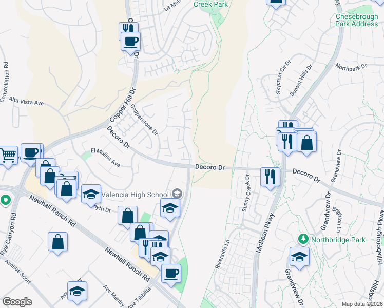 map of restaurants, bars, coffee shops, grocery stores, and more near 27918 Cherry Blossom Court in Santa Clarita