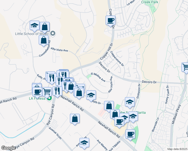 map of restaurants, bars, coffee shops, grocery stores, and more near 24398 El Molina Avenue in Santa Clarita