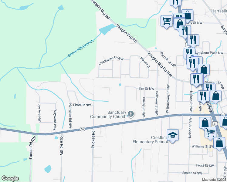 map of restaurants, bars, coffee shops, grocery stores, and more near 1200 Westview Drive in Hartselle